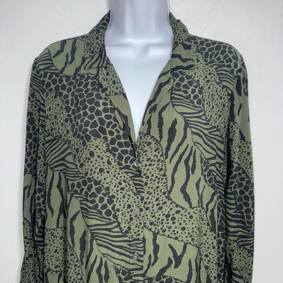 Rails Beatrice Midi Dress Olive Mixed Animal Print Ruffle Button Women Medium - Picture 3 of 11